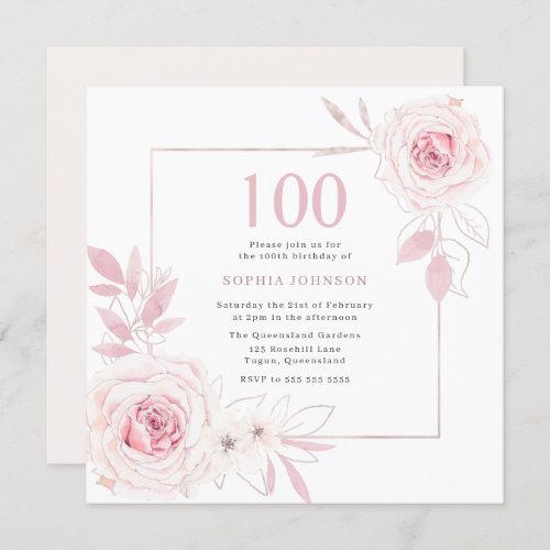 Elegant Blush Floral Wreath Frame 100th Birthday Invitation