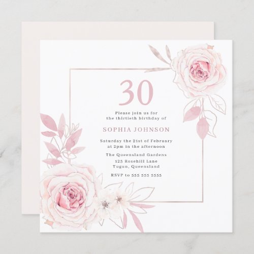 Elegant Blush Floral Wreath Frame 30th Birthday Invitation