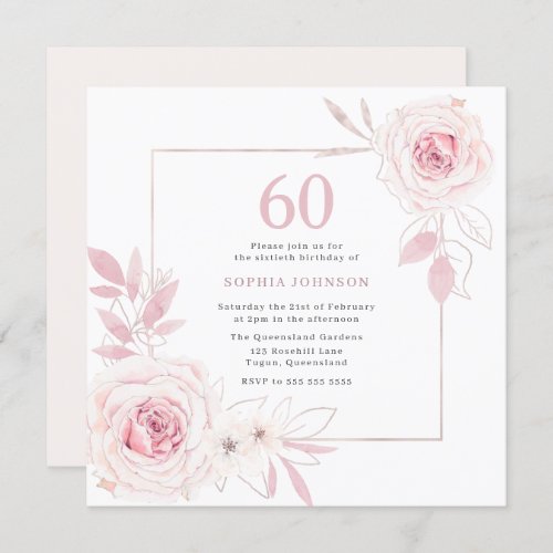 Elegant Blush Floral Wreath Frame 60th Birthday Invitation