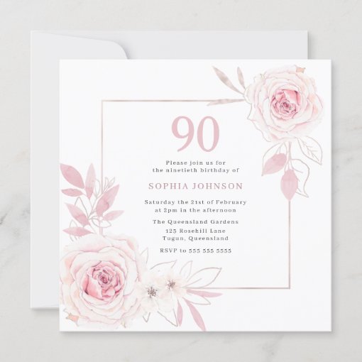 Elegant Blush Floral Wreath Frame 90th Birthday Invitation | Zazzle