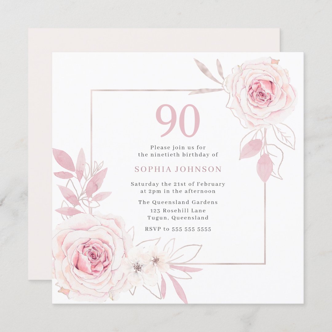 Elegant Blush Floral Wreath Frame 90th Birthday Invitation | Zazzle