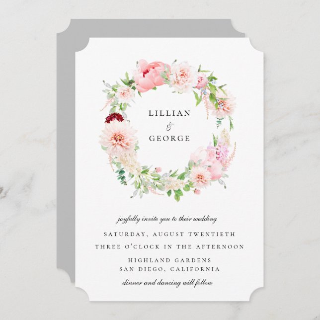 Elegant Blush Floral Wreath Wedding Invitation (Front/Back)