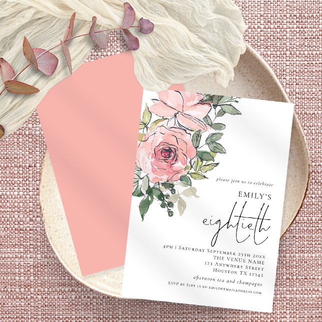 Elegant Blush Florals Eightieth Birthday Party  Invitation (Creator Uploaded)