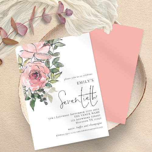 Elegant Blush Florals Seventieth Birthday Party Invitation