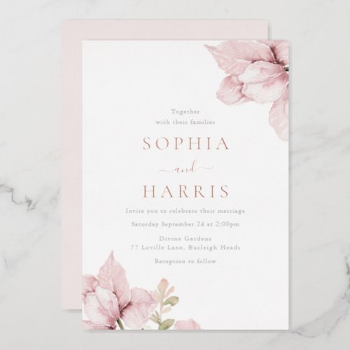Elegant Blush Flower Petals Wedding Rose Gold Foil Invitation