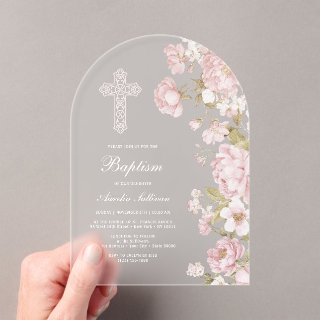 Elegant Blush Flowers Arch Baptism Acrylic Invitations (Insitu (Handheld))