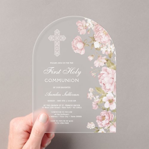 Elegant Blush Flowers Arch First Communion Acrylic Invitations