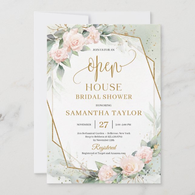 Elegant blush flowers eucalyptus gold Open House Invitation (Front)