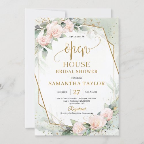 Elegant blush flowers eucalyptus gold Open House Invitation