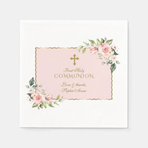 Elegant Blush Flowers Gold Cross Holy Communion Napkins