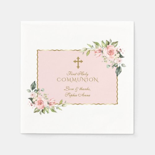 Elegant Blush Flowers Gold Cross Holy Communion