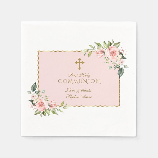 Elegant Blush Flowers Gold Cross Holy Communion Napkins (Front)