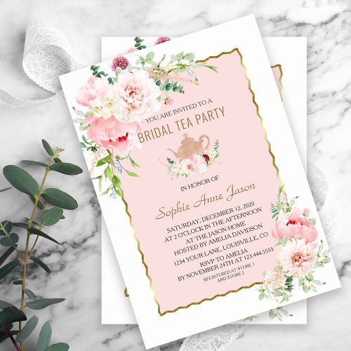 Elegant Blush Flowers Gold Frame Bridal Tea Party Invitation