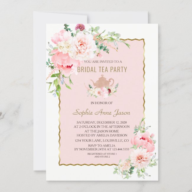 Elegant Blush Flowers Gold Frame Bridal Tea Party Invitation