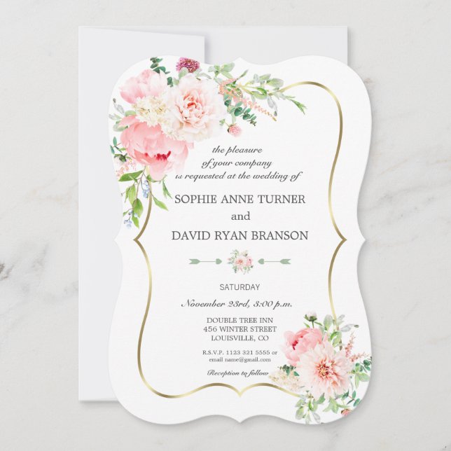 Elegant Blush Flowers Gold Geometric Wedding Invitation (Front)
