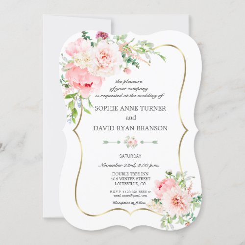 Elegant Blush Flowers Gold Geometric Wedding Invitation