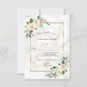 Elegant Blush Flowers Gold Marble Wedding RSVP Card