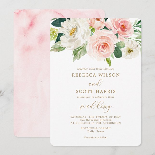 Elegant Blush Flowers Watercolor Spring Wedding Invitation (Front/Back)