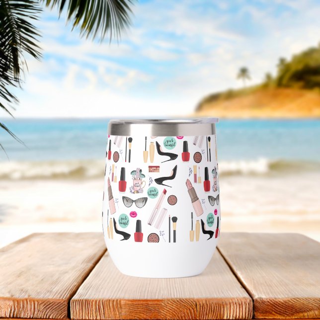 Elegant Blush Girly Pink Makeup Artist Glamour Thermal Wine Tumbler (Beach)