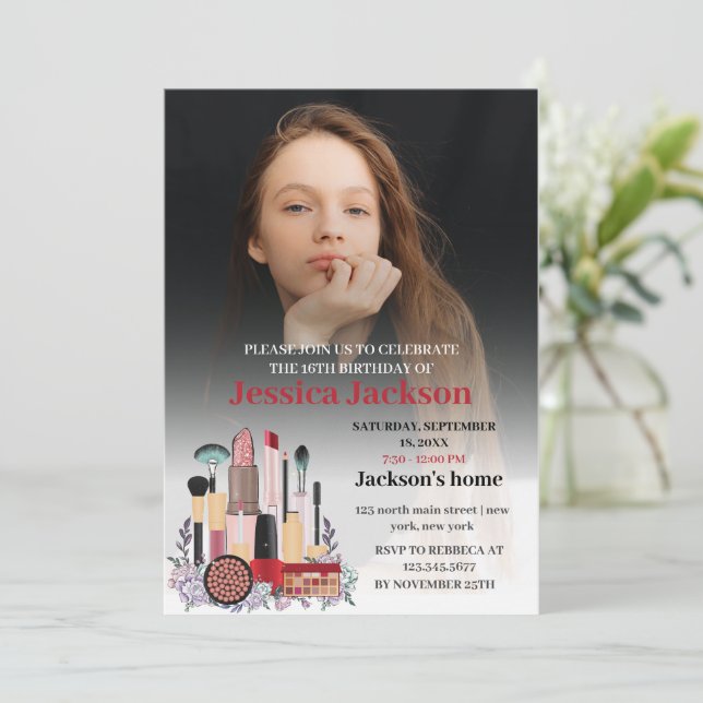 Elegant Blush Girly Pink Makeup Sweet Sixteen Invitation (Standing Front)