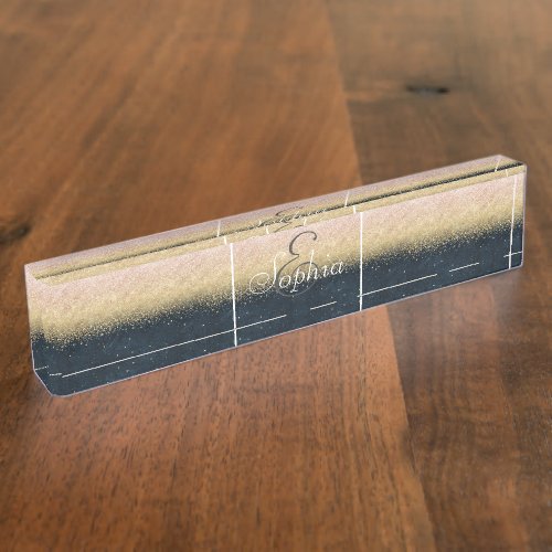 Elegant blush gold and blue simple confetti design desk name plate