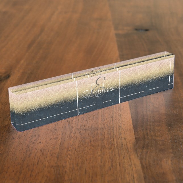 Elegant blush gold and blue simple confetti design desk name plate (Side)