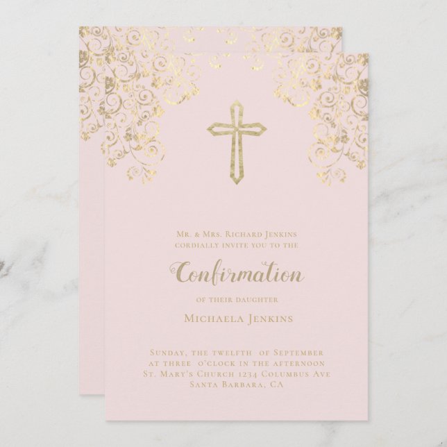 Elegant Blush Gold Bible Verse  Confirmation  Invitation (Front/Back)