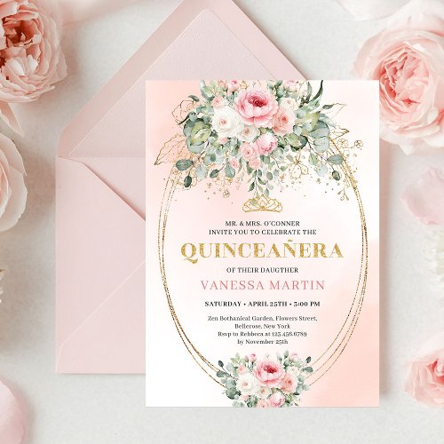 Elegant Blush & Gold Boho Quinceañera Floral Invit