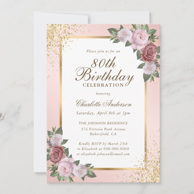 Elegant Blush Gold Confetti Floral 80th Birthday Invitation (Front)