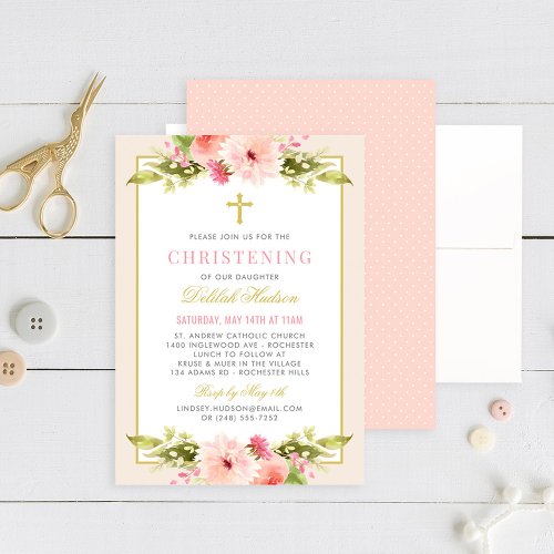 Elegant Blush Gold Floral Baby Girl Christening Invitation