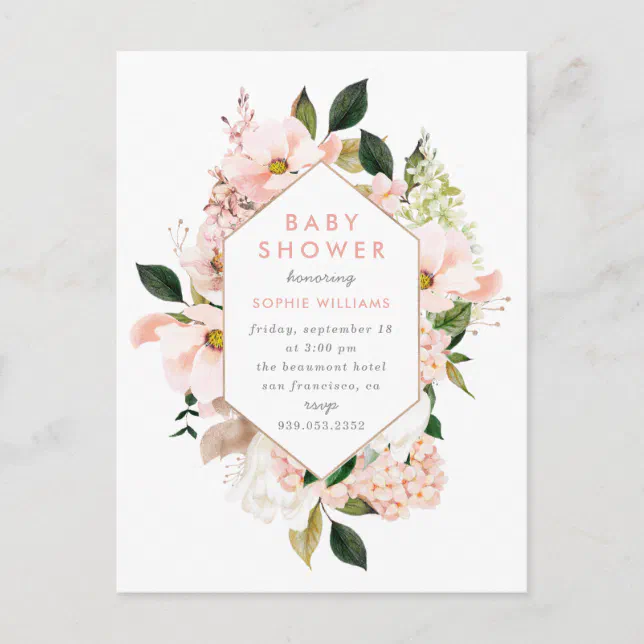 Elegant Blush & Gold Floral Baby Shower Invitation Postcard | Zazzle