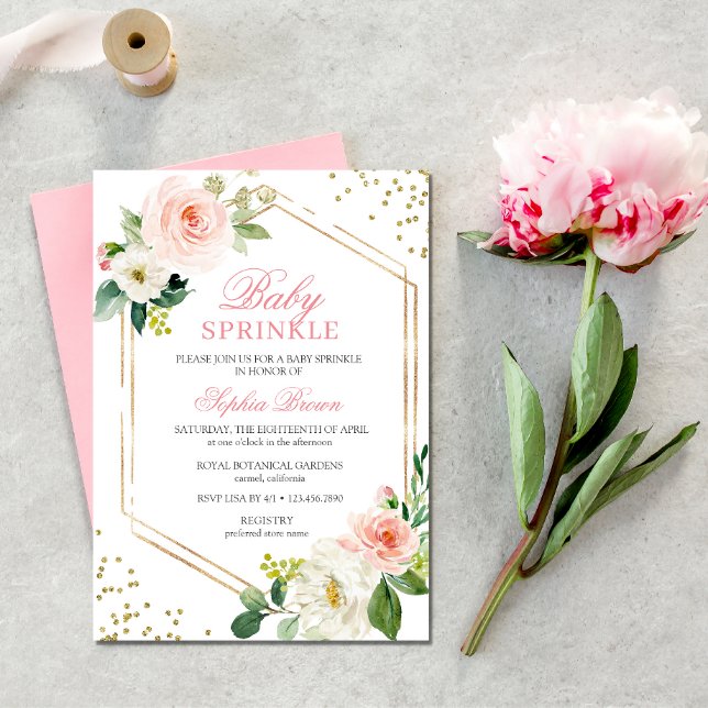 Elegant Blush Gold Floral Baby Sprinkle Brunch Invitation