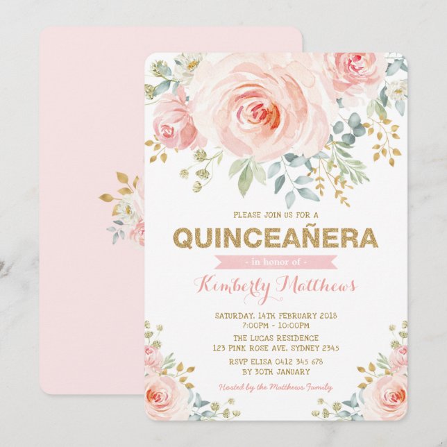Elegant Blush Gold Floral Greenery Quinceañera Invitation (Front/Back)