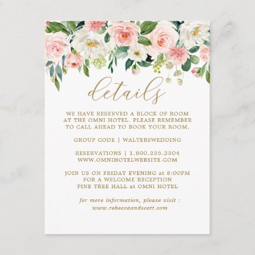 Elegant Blush Gold Floral Wedding Details Cards