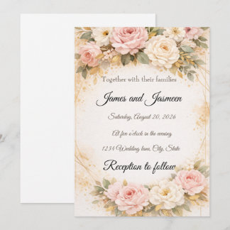 Elegant Blush & Gold Floral Wedding Invitation