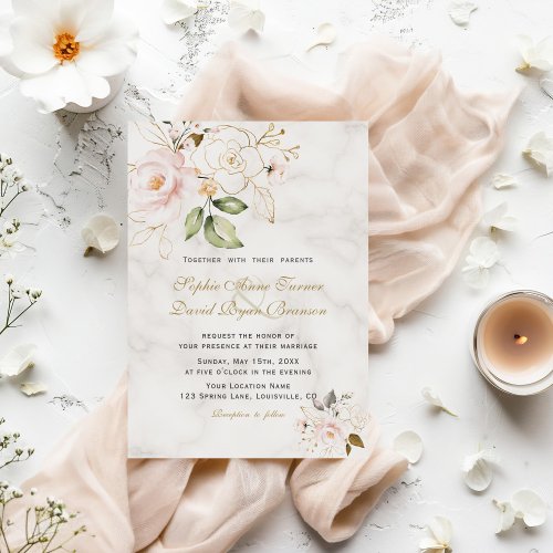 Elegant Blush Gold Flowers Monogram Wedding Invitation