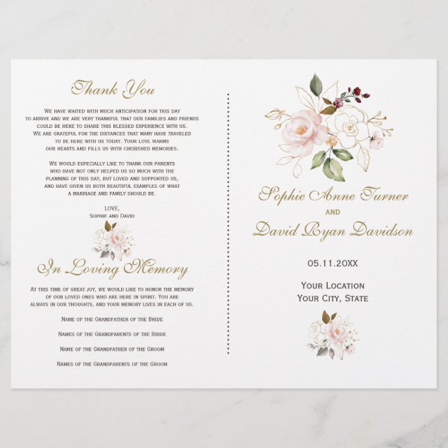 Elegant Blush Gold Flowers Wedding Program (Front)