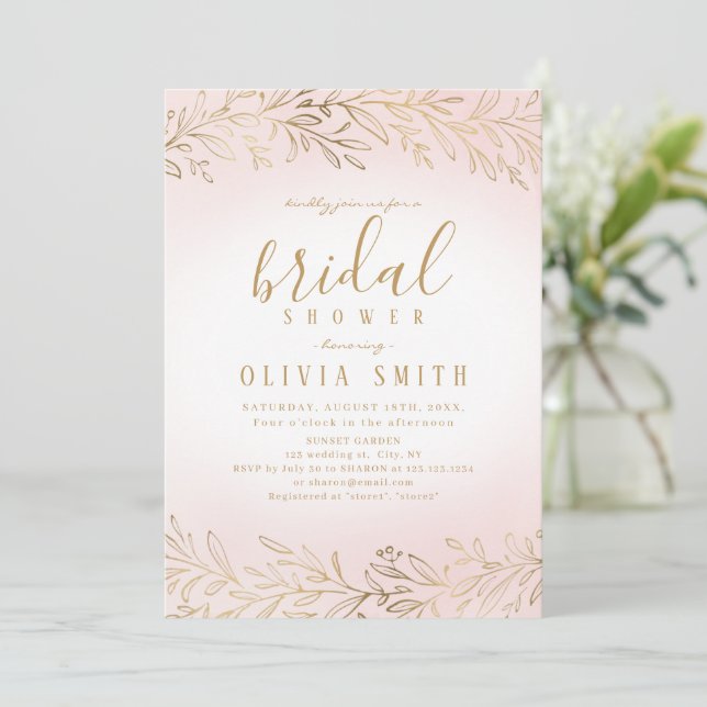 Elegant blush gold gilded botanical bridal shower invitation (Standing Front)