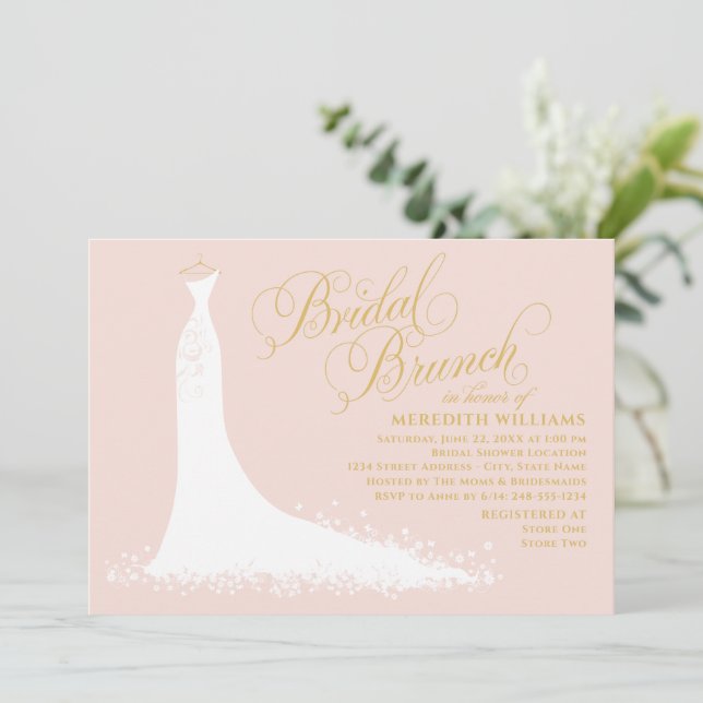Elegant Blush Gold Gown Wedding Bridal Brunch Invitation (Standing Front)