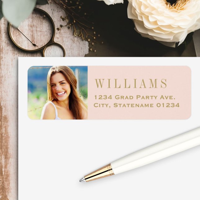 Elegant Blush Gold Graduation Photo Return Address Label (Creator Uploaded)