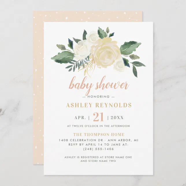 Elegant Blush Gold Green Floral Girl Baby Shower Invitation | Zazzle