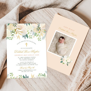 Elegant Blush Gold Green Floral Girl Baptism Invitation