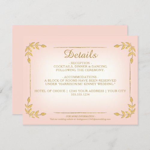 Elegant Blush Gold Greenery Classy Wedding Details Invitation