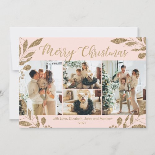 Elegant Blush Gold Leaves 4 Photo Christmas Card