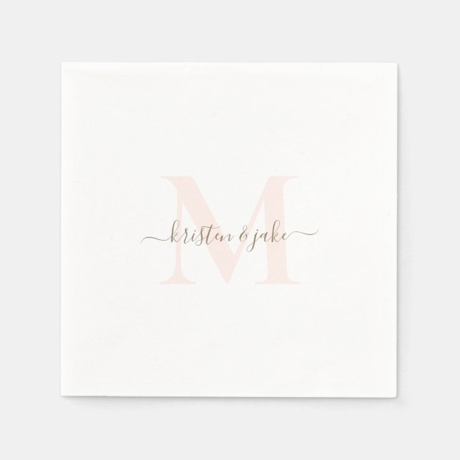 Elegant Blush & Gold Monogram Swash Wedding Napkins (Front)