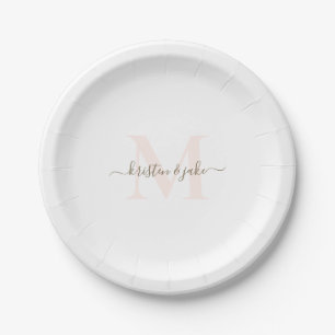 Elegant Blush & Gold Monogram Swash Wedding Paper Plates
