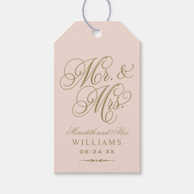 Elegant Blush Gold Mr and Mrs Script Favor Gift Tags (Front)