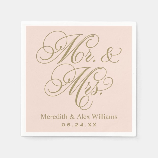 Elegant Blush Gold Mr and Mrs Script Monogram Paper Napkins (Front)