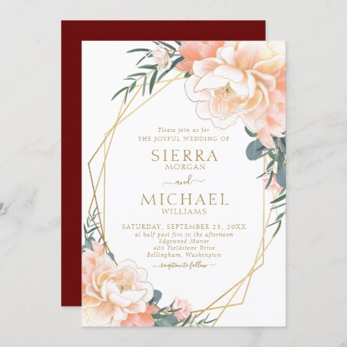 Elegant Blush Gold Peach Burgundy Floral Wedding Invitation