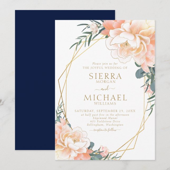 Elegant Blush Gold Peach Navy Blue Floral Wedding Invitation (Front/Back)